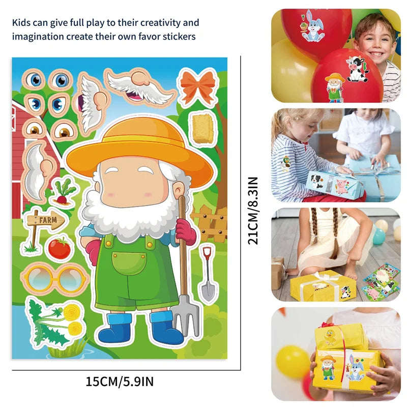 Farm Animal Make a Face Sticker Sheets for Kids Todders Activities Cute Cartoon Puzzle Stickers Birthday Party Favor Crafts Toys