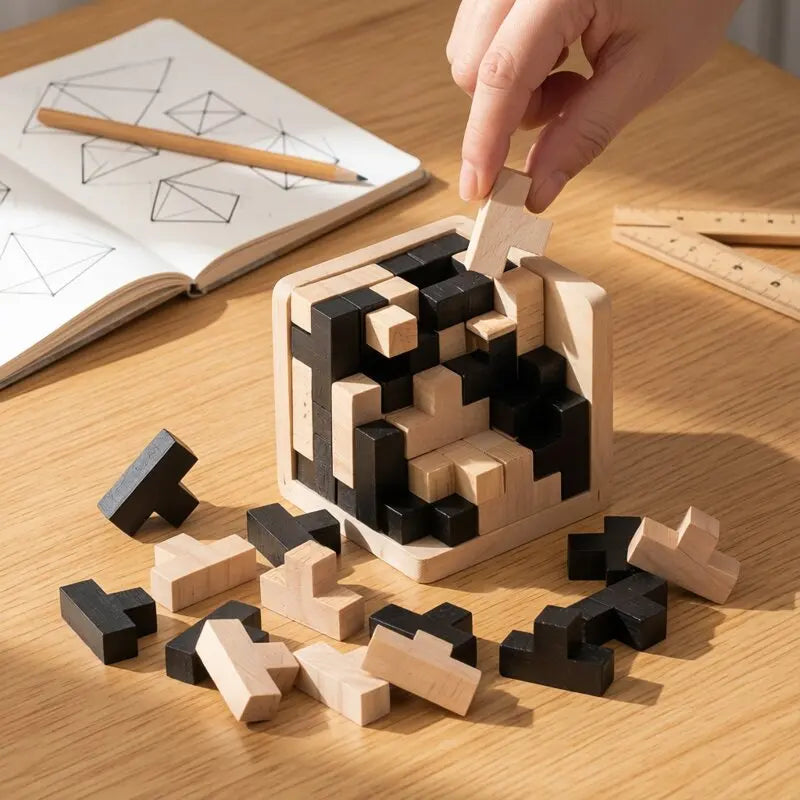 Wooden Puzzle Building Blocks Cube Brain Teaser IQ Toy Educational Game for Kids Adults Mind Testing Casual Desktop Toy