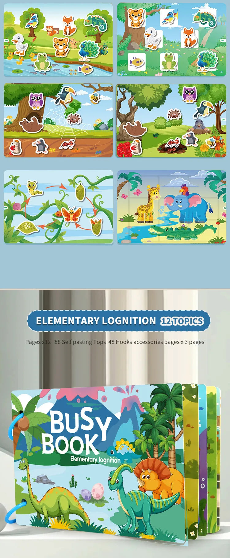 1Set Cartoon Quiet Book Montessori Busy Book with Animal Recognition Puzzle Interactive Game Cards for Preschool DIY Puzzle Book