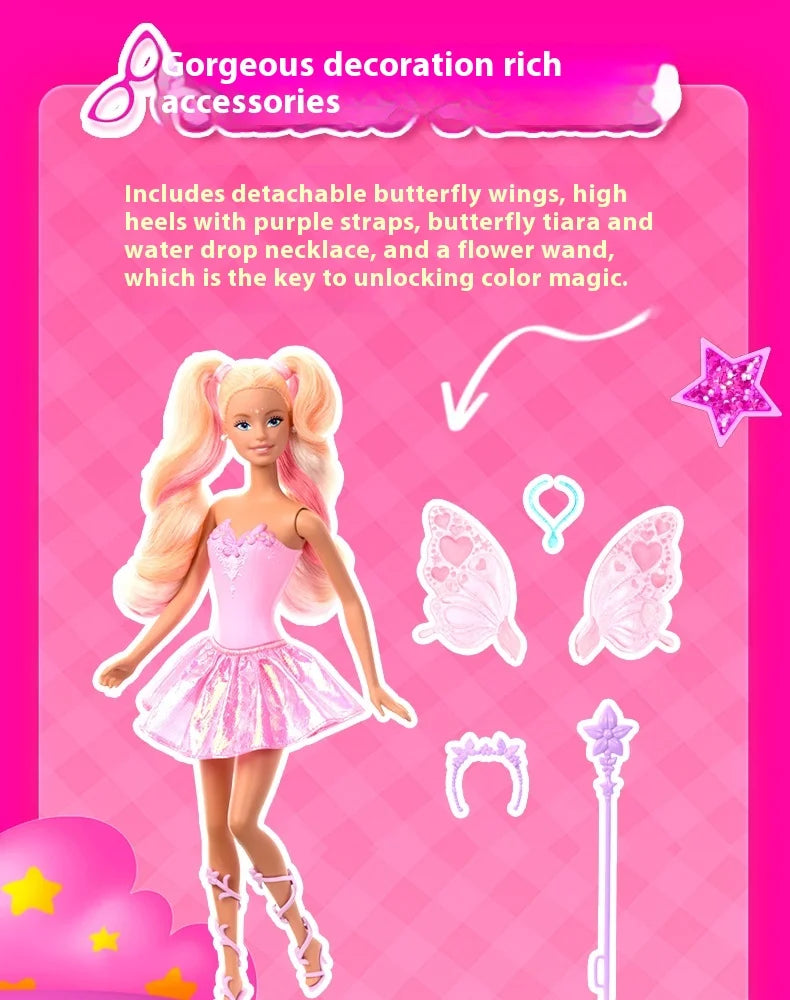 Genuine Barbie Doll Princess Color Changing Dream Butterfly Fairy Toy Figure for Girls Cute Collectible Birthday Gift Toy