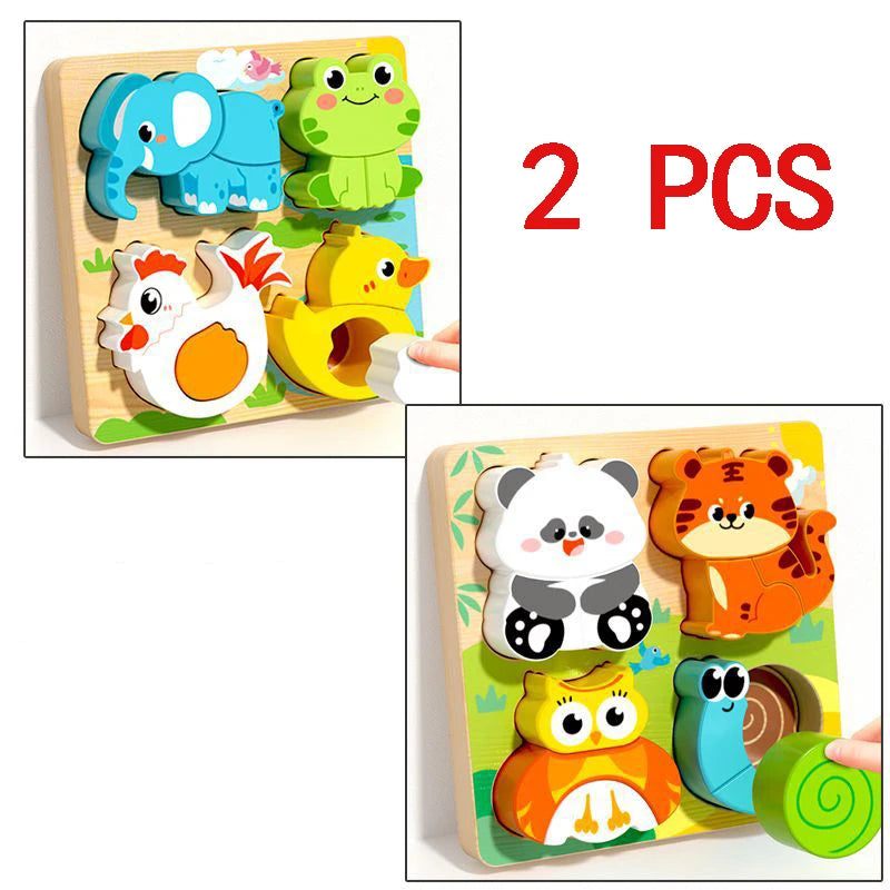 4-in-1 Wooden Toys 3D Wood Puzzle Cartoon Animals Cognitive Jigsaw Puzzle Early Learning Educational Toys For Children Gift