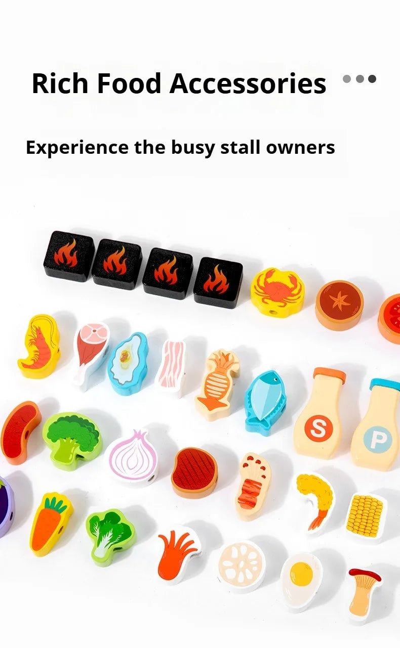 Montessori Wooden Pretend Play Kitchen Toys Dessert Puzzle Toys Simulation Barbecue Pretend Role Indoor Game For Toddlers Age 3+