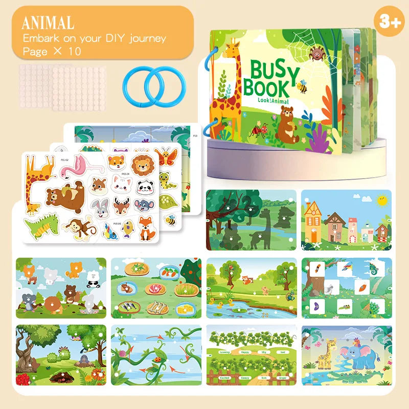 1Set Cartoon Quiet Book Montessori Busy Book with Animal Recognition Puzzle Interactive Game Cards for Preschool DIY Puzzle Book