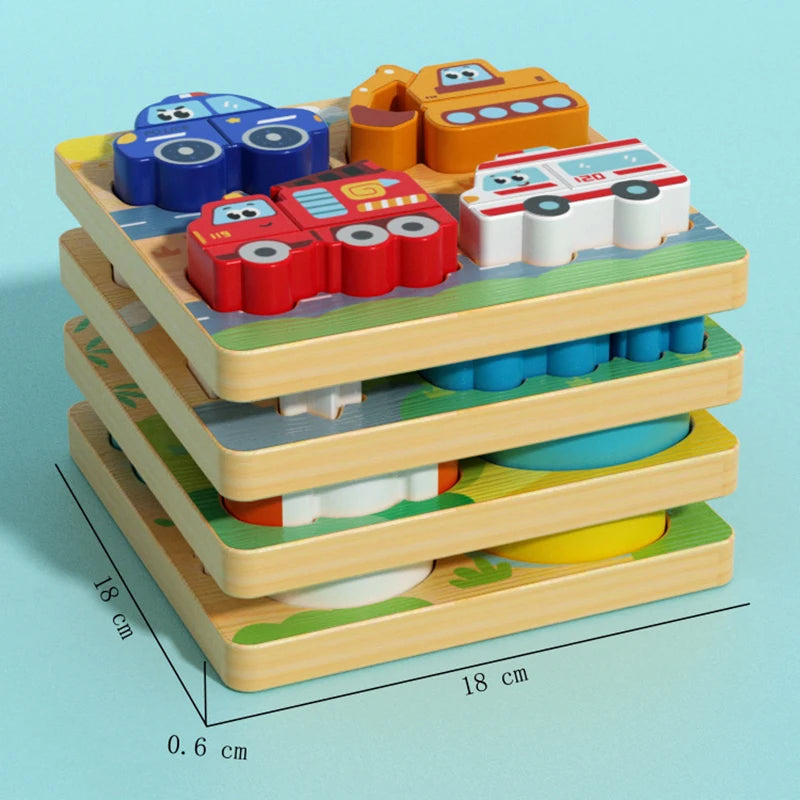 4-in-1 Wooden Toys 3D Wood Puzzle Cartoon Animals Cognitive Jigsaw Puzzle Early Learning Educational Toys For Children Gift