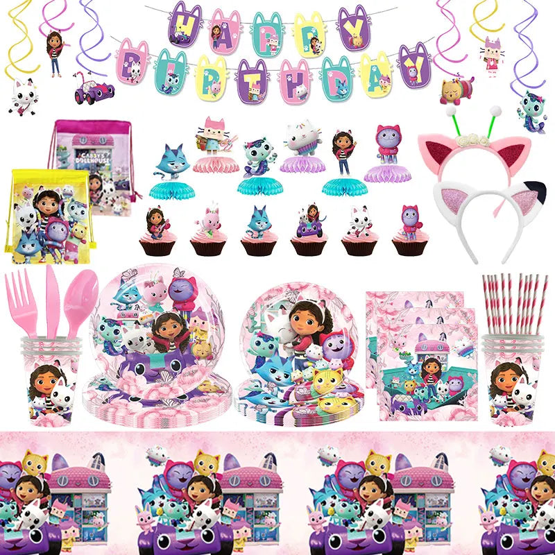 Gabby Dollhouse Cats Birthday Party Supplies Disposable Tableware Plates Cup Napkin Banner Tablecloth Cake Decoration Kids Gifts