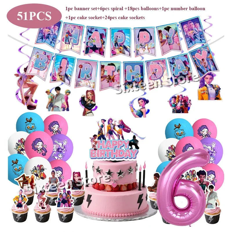 Demones Hunt Cartoon Anime Party Supplies Cutlery Set with Warrior Banner Plate Cake Topper K--Pop Cup for Birthday Party supply