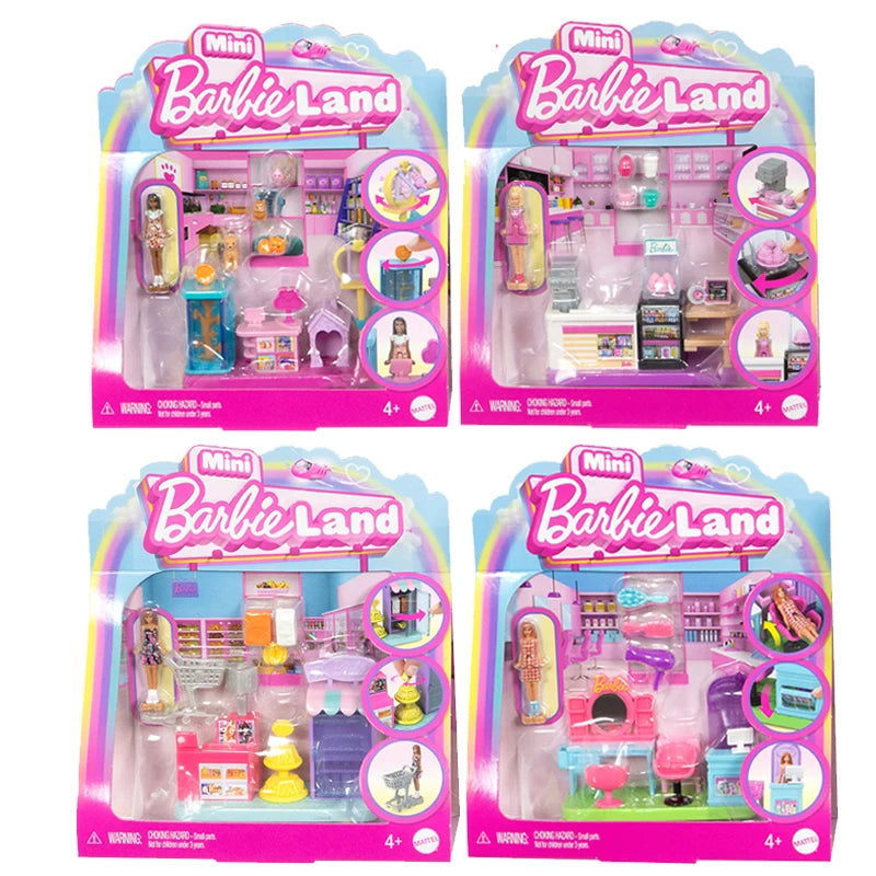 Original Barbie Mini Barbieland Doll Supermarket Bakery Toys for Girls Accessories House Hair Salon Pet Boutique Micro Furniture