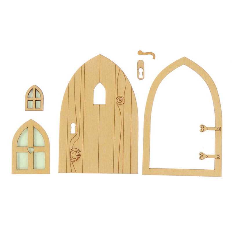 1set Dollhouse Miniature Wooden Elf Door Fairy Gnome Window Door Model Doorknob Doll House Garden Decoration Toy Accessories
