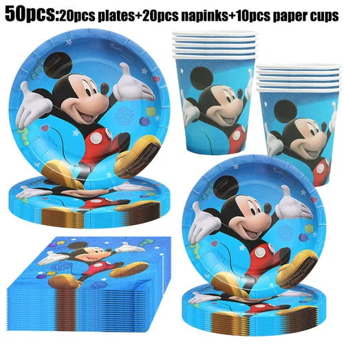 Mickey Mouse Birthday Party Decoration Blue Mickey Tableware Cups Plates Balloons Backdrop Pannents Gift Bag Kids Party Supplies