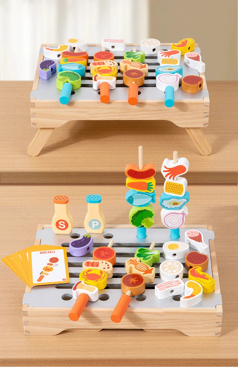 Montessori Wooden Pretend Play Kitchen Toys Dessert Puzzle Toys Simulation Barbecue Pretend Role Indoor Game For Toddlers Age 3+