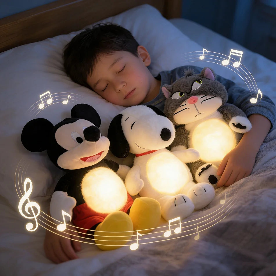 Disney Mickey Mouse Anime Snoopy Breathing Dolls ChildCompanions Soothing Sleeping Music Luminous Sleeping Plush Toys Kids Gifts