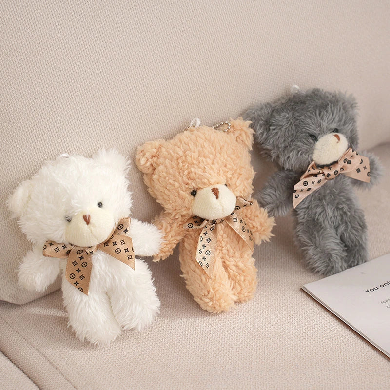12cm Cute Cartoon Bear Plush Doll Toy Mini Bow Tie Bear Stuffed Animal Toy Kawaii Plush Keychain Bag Pendant Children