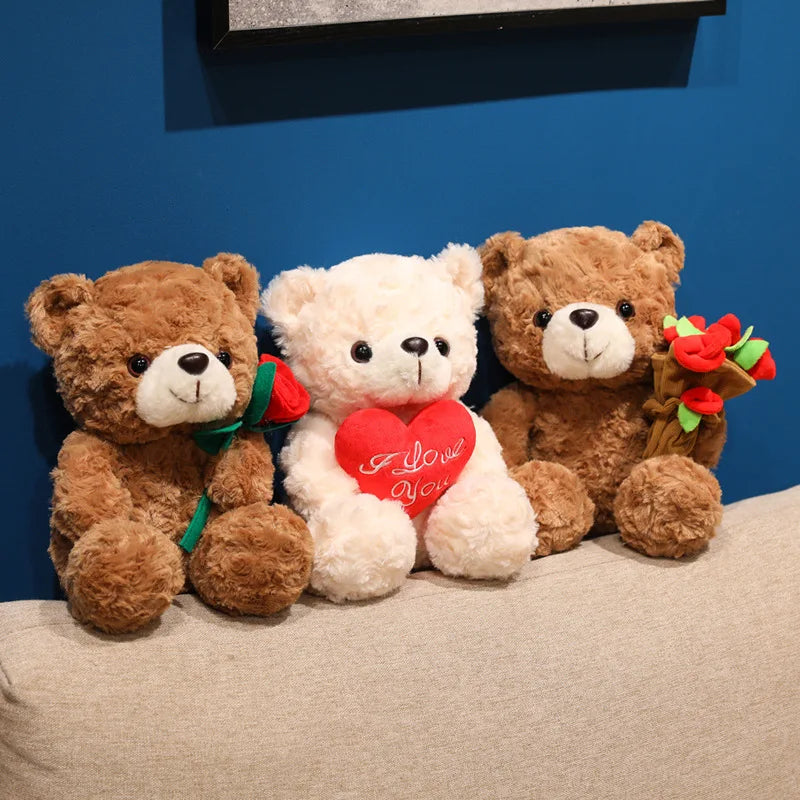 15/25CM Kawaii Cartoon Anime Love Rose Hat Bear Stuffed Animal Plush Toy Children's Couple Bear Handmade Doll Festival Gift