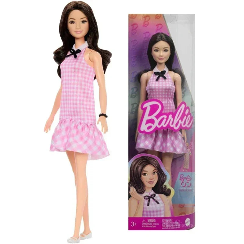 Original Barbie Dolls Fashionistas Black Wavy Hair Pink Gingham Dress Accessories Fashion Gifts Toys for Girls 65th Anniversary