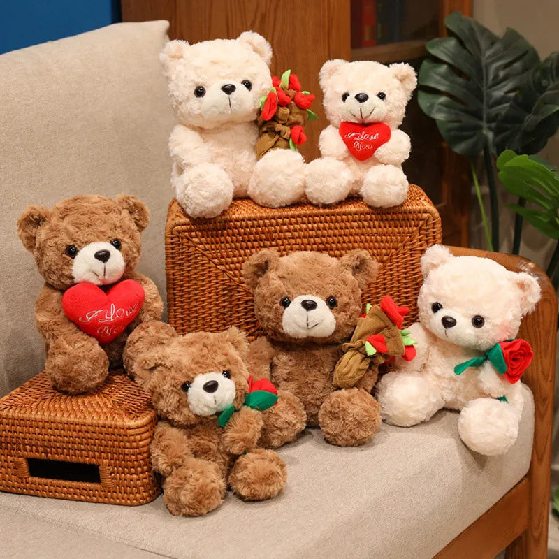 15/25CM Kawaii Cartoon Anime Love Rose Hat Bear Stuffed Animal Plush Toy Children's Couple Bear Handmade Doll Festival Gift