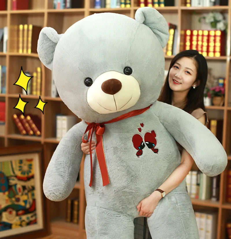 Cute Giant Grey Teddy Bear Plush Toy Soft Stuffed Bear Doll with Heart Embroidery Perfect Birthday Christmas Gift for Kids Decor