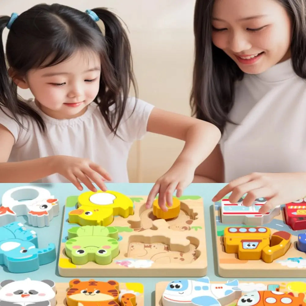 4-in-1 Wood Puzzle 3D Safe Animals Cognitive Jigsaw Puzzle Portable Cartoon Early Learning Puzzle Set Children Educational Toys