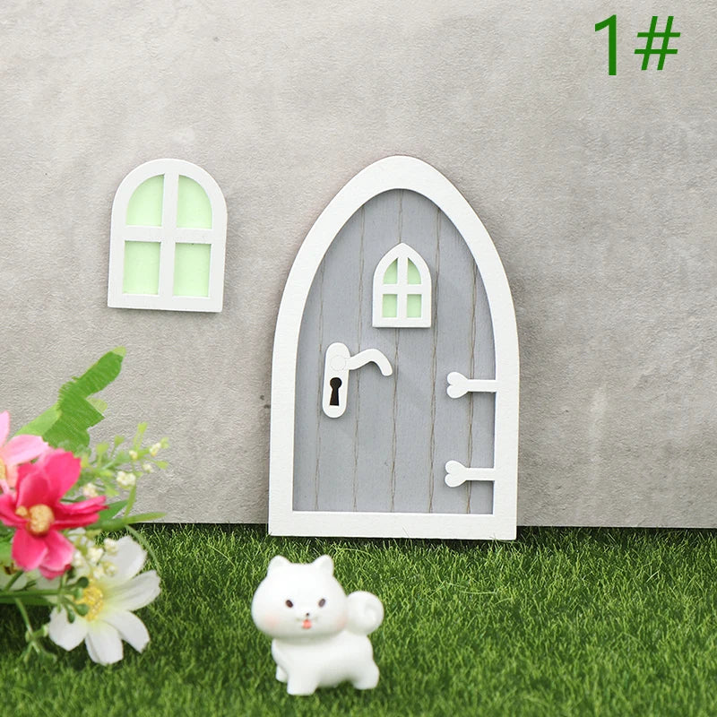 1set Dollhouse Miniature Wooden Elf Door Fairy Gnome Window Door Model Doorknob Doll House Garden Decoration Toy Accessories