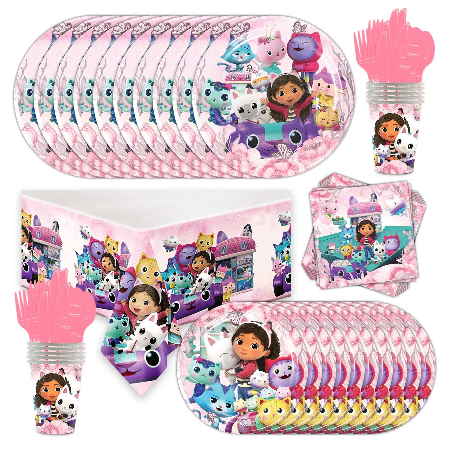 Gabby Dollhouse Cats Birthday Party Supplies Disposable Tableware Plates Cup Napkin Banner Tablecloth Cake Decoration Kids Gifts