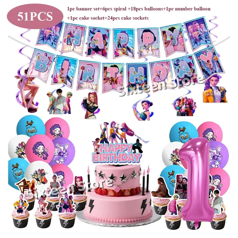 Demones Hunt Cartoon Anime Party Supplies Cutlery Set with Warrior Banner Plate Cake Topper K--Pop Cup for Birthday Party supply