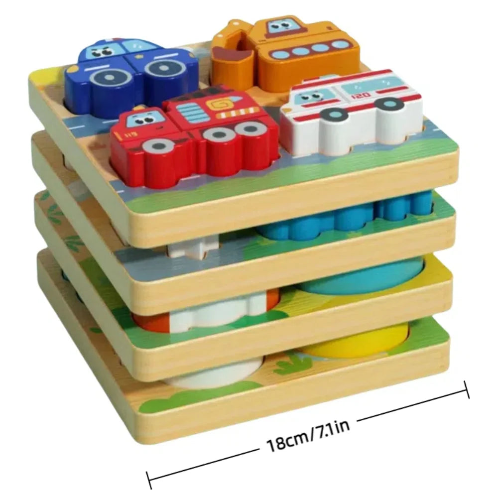 4-in-1 Wood Puzzle 3D Safe Animals Cognitive Jigsaw Puzzle Portable Cartoon Early Learning Puzzle Set Children Educational Toys