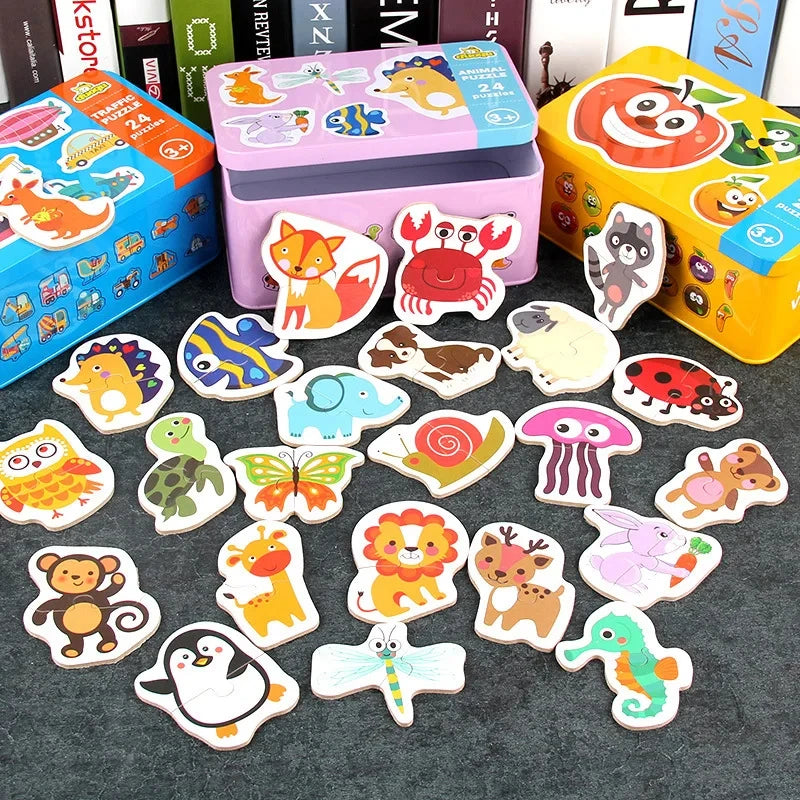 Baby Puzzle Montessori Educational Toys Wood Puzzle Animal Matching Games Iron Box Wooden Puzzles For Children Kids 2 3 4 Years