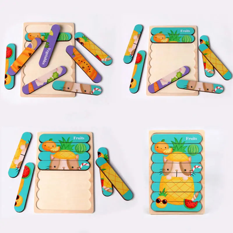 Double Sided Strip 3D Puzzles Baby Toy Wooden Montessori Materials Educational Toys For Children Large Bricks Kids Learning Toys