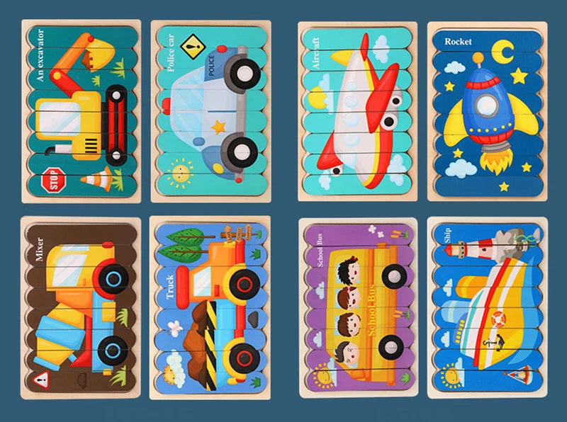 Double Sided Strip 3D Puzzles Baby Toy Wooden Montessori Materials Educational Toys For Children Large Bricks Kids Learning Toys