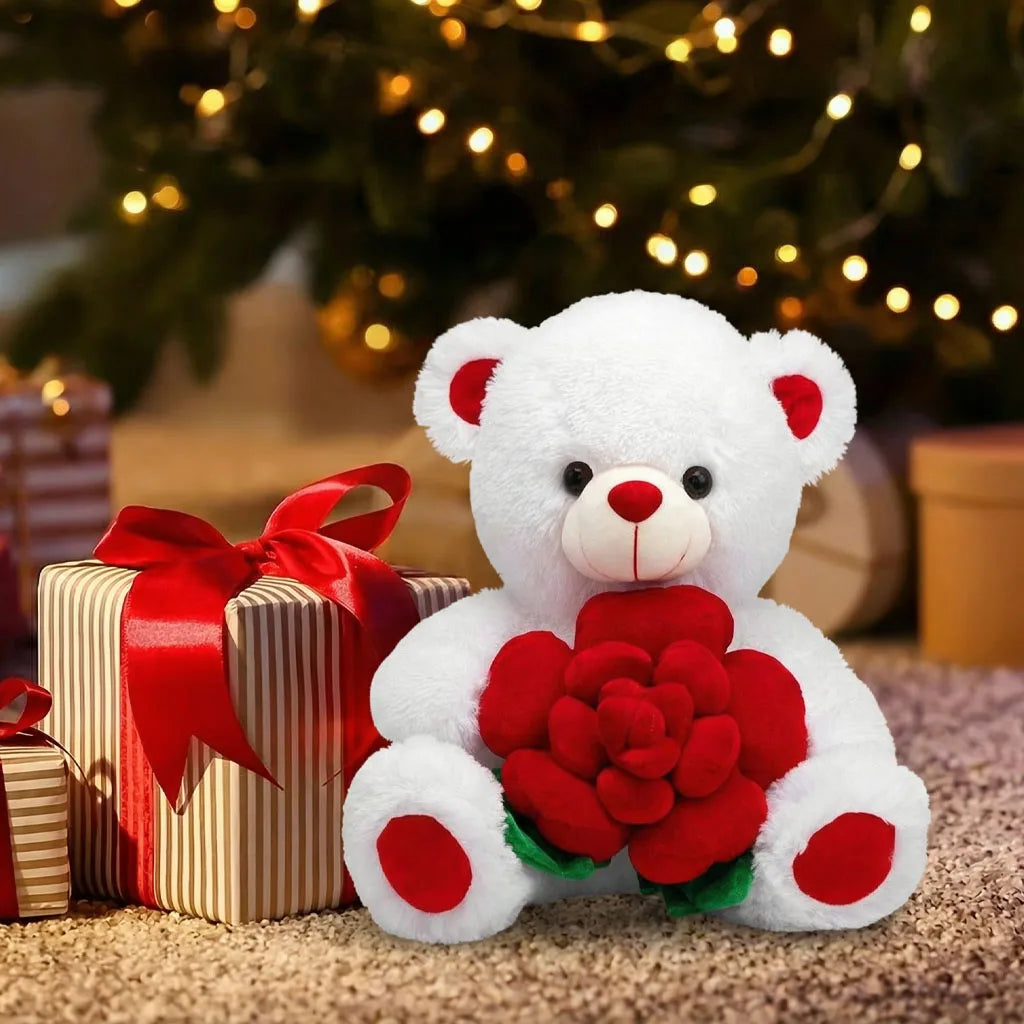 Valentines Day Bear Holding Rose Plush Toy Stuffed Animal Birthday Present for Girlfriend Wife Romantic Keepsake Home Decor Doll