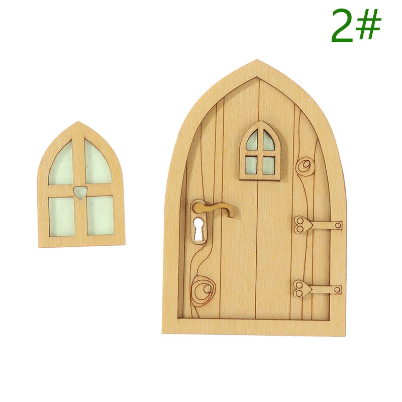 1set Dollhouse Miniature Wooden Elf Door Fairy Gnome Window Door Model Doorknob Doll House Garden Decoration Toy Accessories