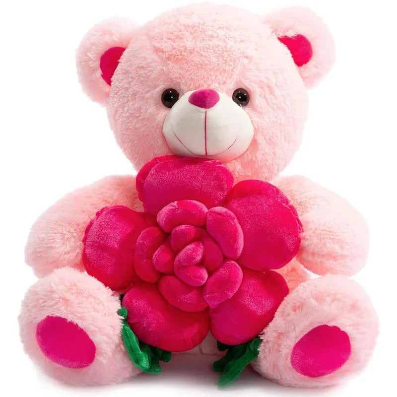 Valentines Day Bear Holding Rose Plush Toy Stuffed Animal Birthday Present for Girlfriend Wife Romantic Keepsake Home Decor Doll