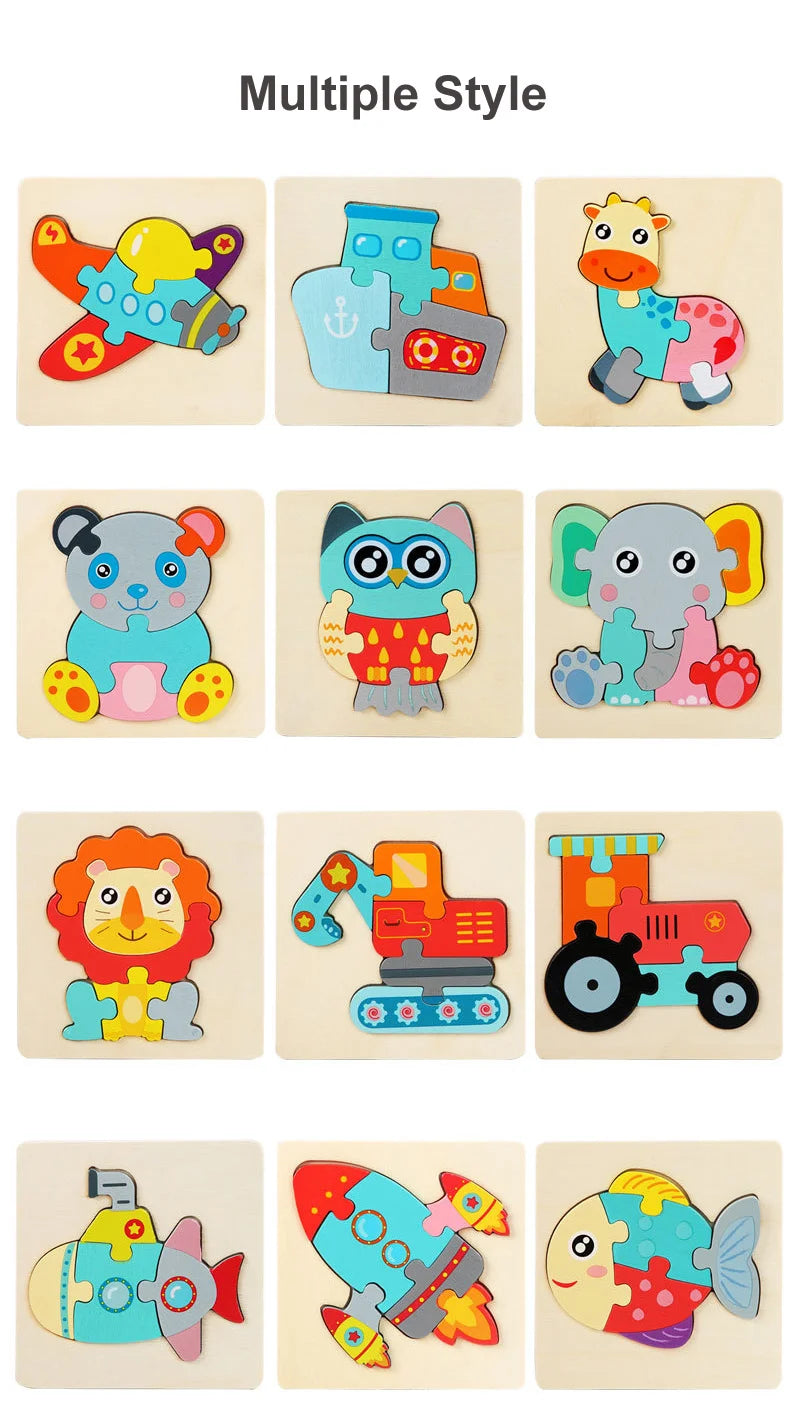 Wooden Jigsaw Puzzle Cartoon Animal Wood 3D Puzzles Montessori Educational Intelligence Jigsaw Toys for Children Gifts