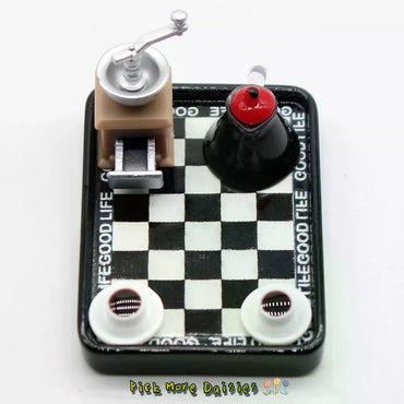 Dollhouse Miniature Coffee Maker Grinder Black And White Checkered Dinner Plate Set Model Dollhouse Accessories Pretend Play Toy