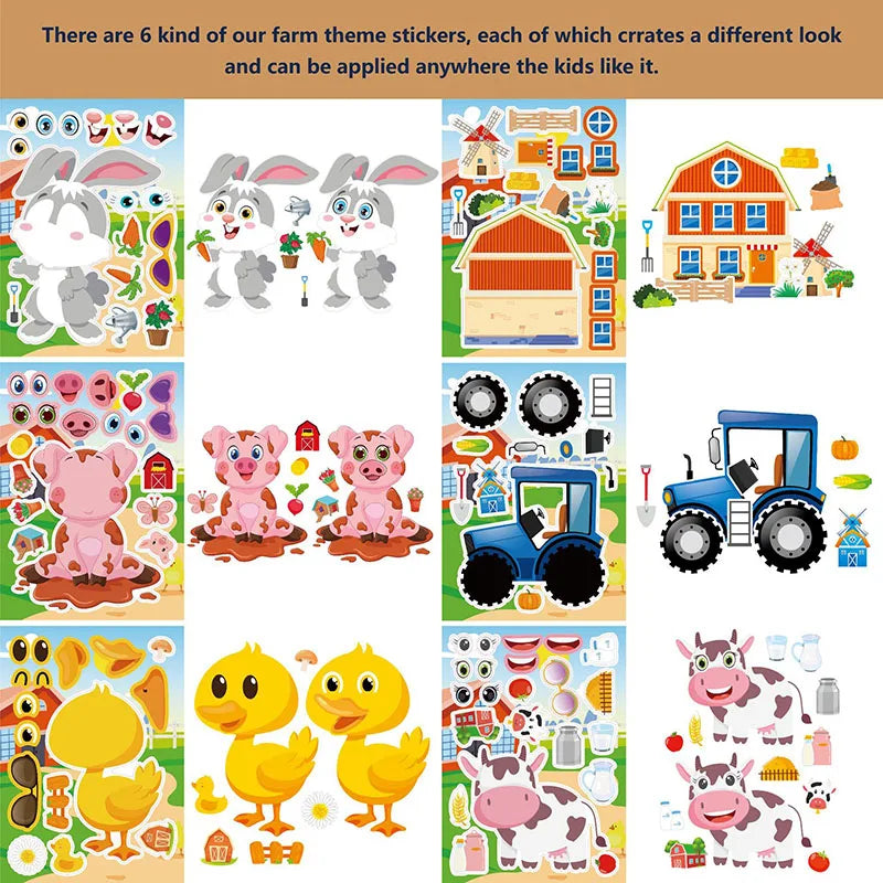 Farm Animal Make a Face Sticker Sheets for Kids Todders Activities Cute Cartoon Puzzle Stickers Birthday Party Favor Crafts Toys