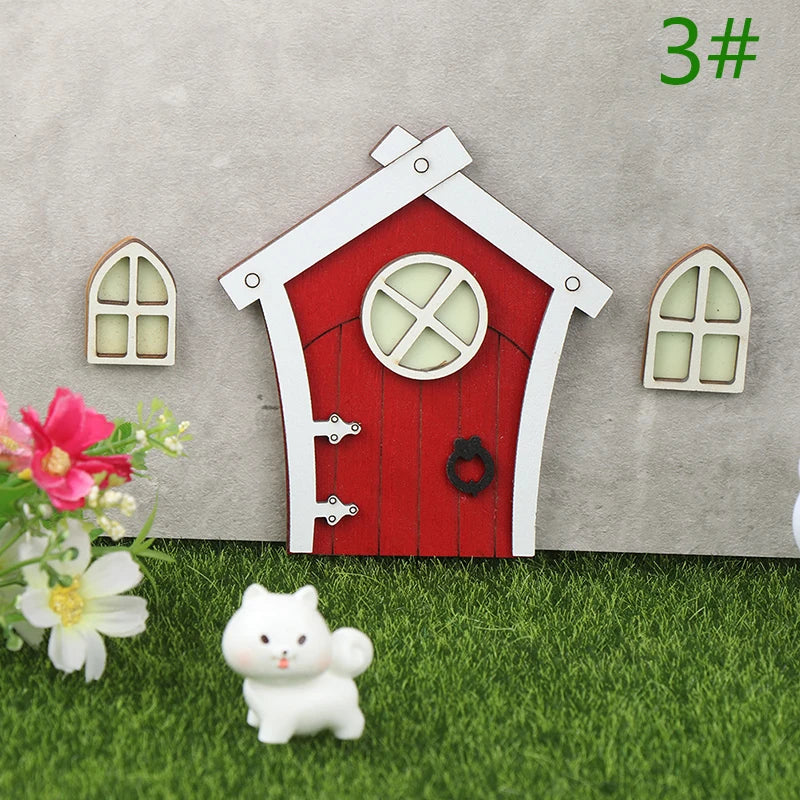 1set Dollhouse Miniature Wooden Elf Door Fairy Gnome Window Door Model Doorknob Doll House Garden Decoration Toy Accessories