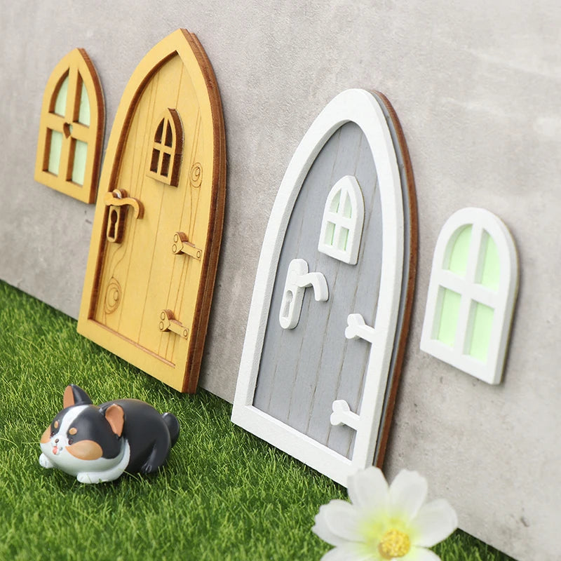 1set Dollhouse Miniature Wooden Elf Door Fairy Gnome Window Door Model Doorknob Doll House Garden Decoration Toy Accessories