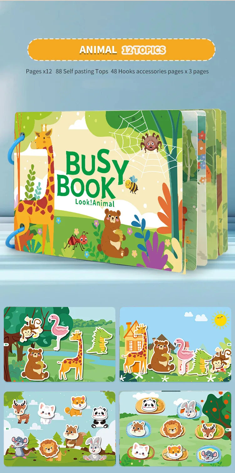 1Set Cartoon Quiet Book Montessori Busy Book with Animal Recognition Puzzle Interactive Game Cards for Preschool DIY Puzzle Book