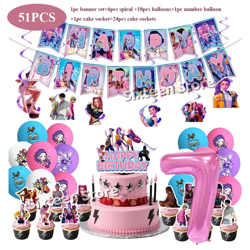 Demones Hunt Cartoon Anime Party Supplies Cutlery Set with Warrior Banner Plate Cake Topper K--Pop Cup for Birthday Party supply