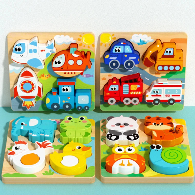 4-in-1 Wooden Toys 3D Wood Puzzle Cartoon Animals Cognitive Jigsaw Puzzle Early Learning Educational Toys For Children Gift