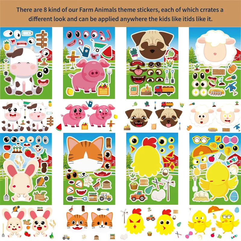 Farm Animal Make a Face Sticker Sheets for Kids Todders Activities Cute Cartoon Puzzle Stickers Birthday Party Favor Crafts Toys