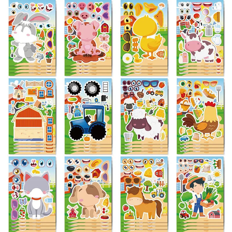 Farm Animal Make a Face Sticker Sheets for Kids Todders Activities Cute Cartoon Puzzle Stickers Birthday Party Favor Crafts Toys