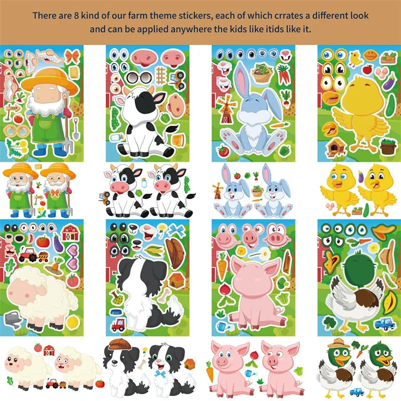 Farm Animal Make a Face Sticker Sheets for Kids Todders Activities Cute Cartoon Puzzle Stickers Birthday Party Favor Crafts Toys
