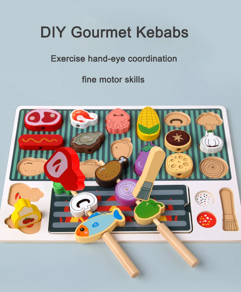 Montessori Wooden Pretend Play Kitchen Toys Dessert Puzzle Toys Simulation Barbecue Pretend Role Indoor Game For Toddlers Age 3+