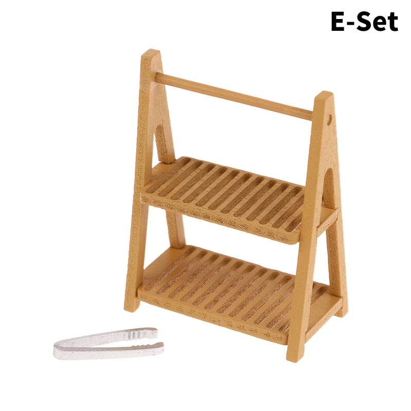 1Pcs Dollhouse Miniature furniture Display Shelf Bread Rack Cake Shelf Storage with Tongs DIY Bakery Shop Decor Doll House Toys