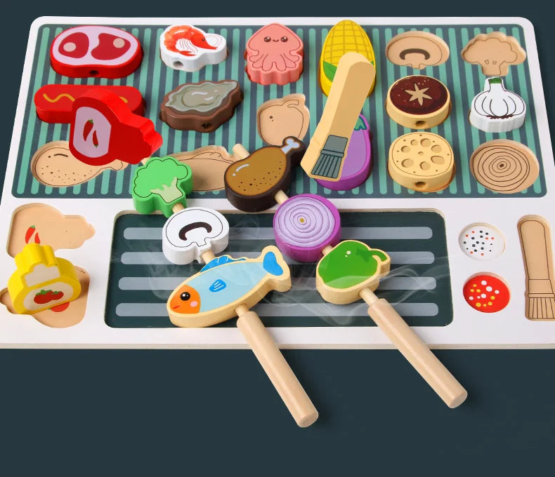 Montessori Wooden Pretend Play Kitchen Toys Dessert Puzzle Toys Simulation Barbecue Pretend Role Indoor Game For Toddlers Age 3+