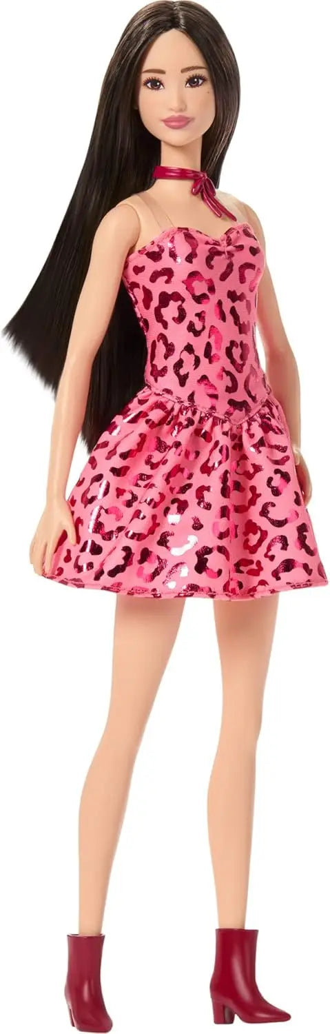 Genuine Barbie Fashionistas Doll Black Hair Leopard Print Dress Up Clothing Red Shoes Dream Princess Toys for Girls Accessories