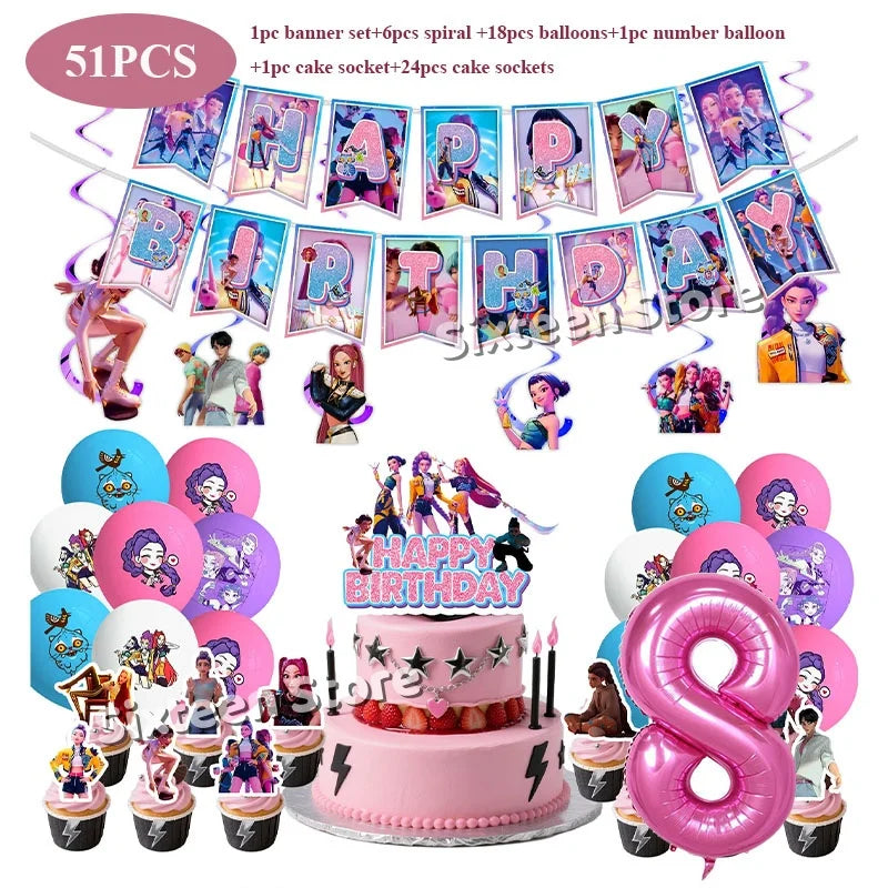 Demones Hunt Cartoon Anime Party Supplies Cutlery Set with Warrior Banner Plate Cake Topper K--Pop Cup for Birthday Party supply