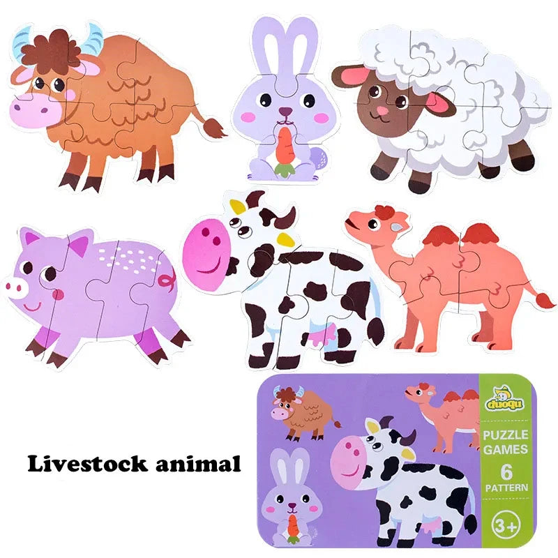 Baby Puzzle Montessori Educational Toys Wood Puzzle Animal Matching Games Iron Box Wooden Puzzles For Children Kids 2 3 4 Years