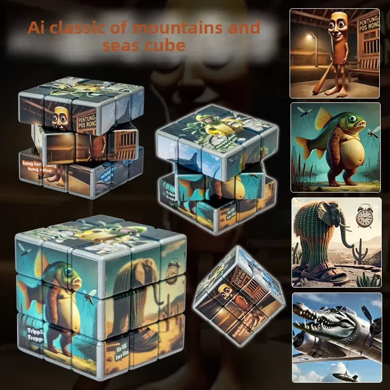 New Foreign Mountain and Sea Classic Puzzle Cube: Tung Tung Sahur Wooden Stick Man 3rd Step Cube Toy