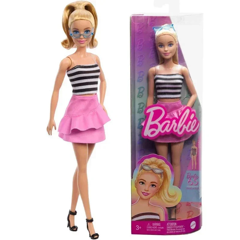 Original Barbie Dolls Fashionistas Black Wavy Hair Pink Gingham Dress Accessories Fashion Gifts Toys for Girls 65th Anniversary